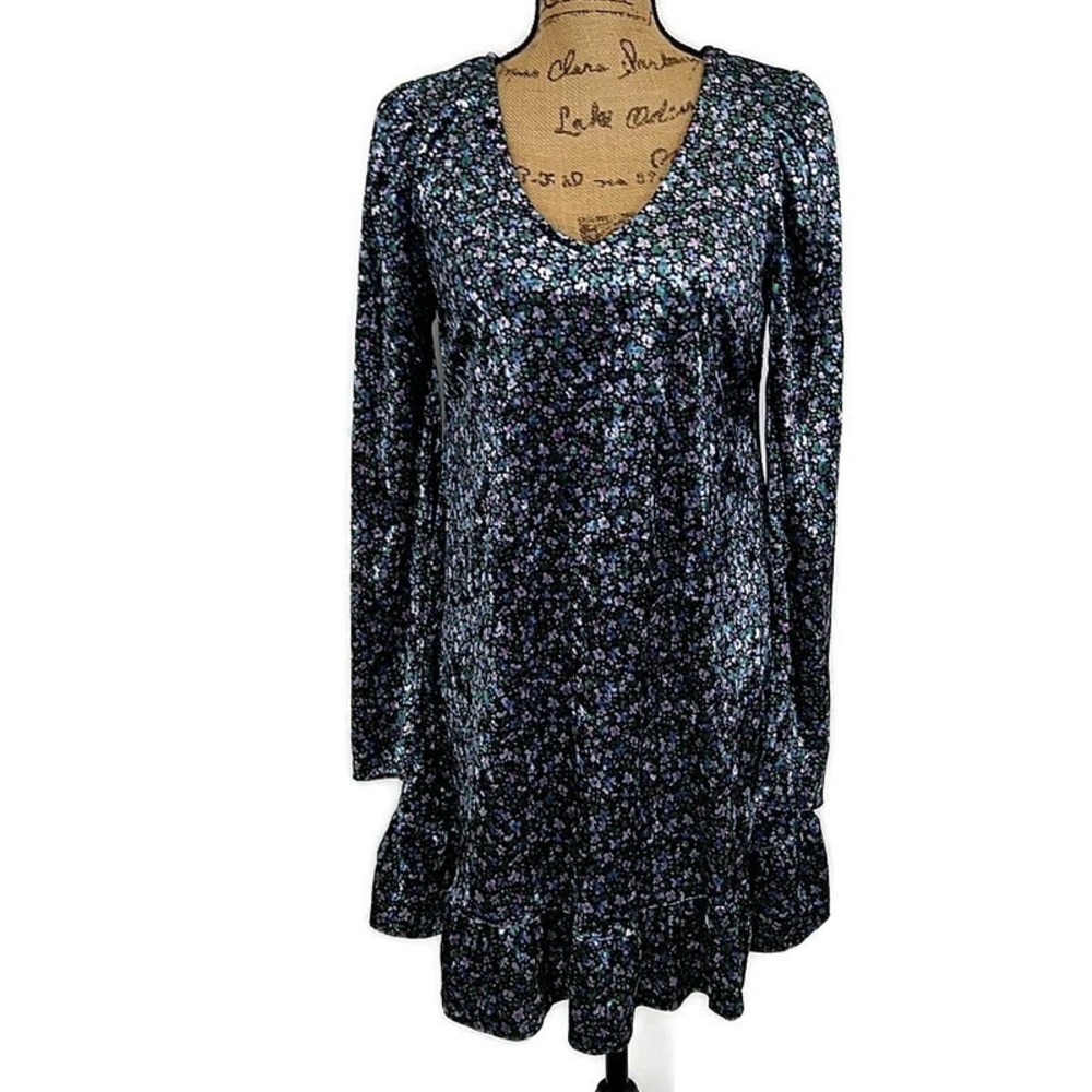 NWT Wild Fable Womens sz M Mini Dress Ruffle Hem Blue Floral Velour‎ Long Sleeve